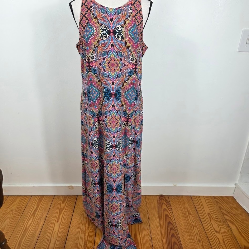 London Times Maxi Dress Women 14 Boho Hippie Beach Paisley Side Slit